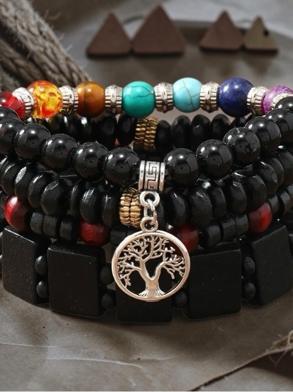 Black Beaded Stack Bracelet with Tree of Life Charm - Multicolor Accents